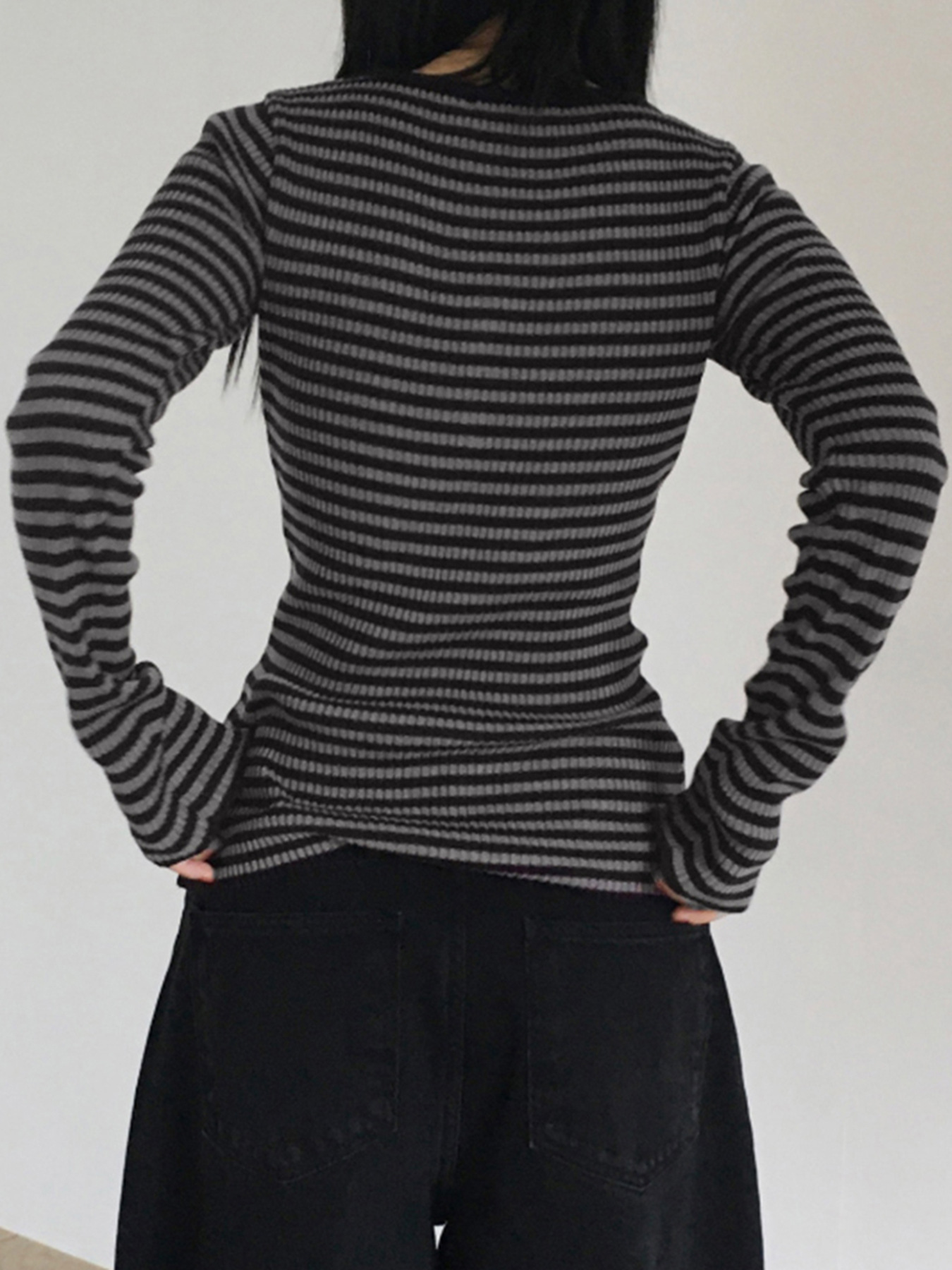 Simple Fashion Striped Color Block Round Neck Basic Long Sleeve Slim Fit Versatile Slimming Casual Short Top