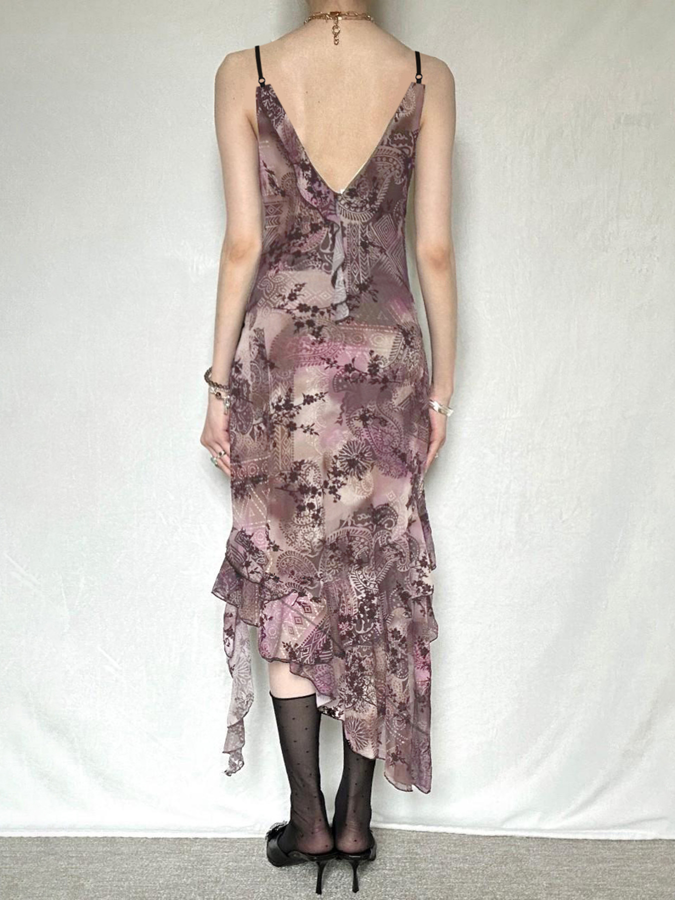 Vintage Print Irregular Hem Lace-Up Mesh Dress with Ruffle Edge and Strapless Design