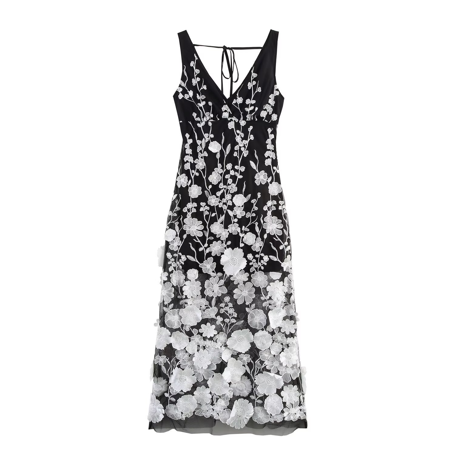 V-neck embroidered camisole A-line long skirt dress for women