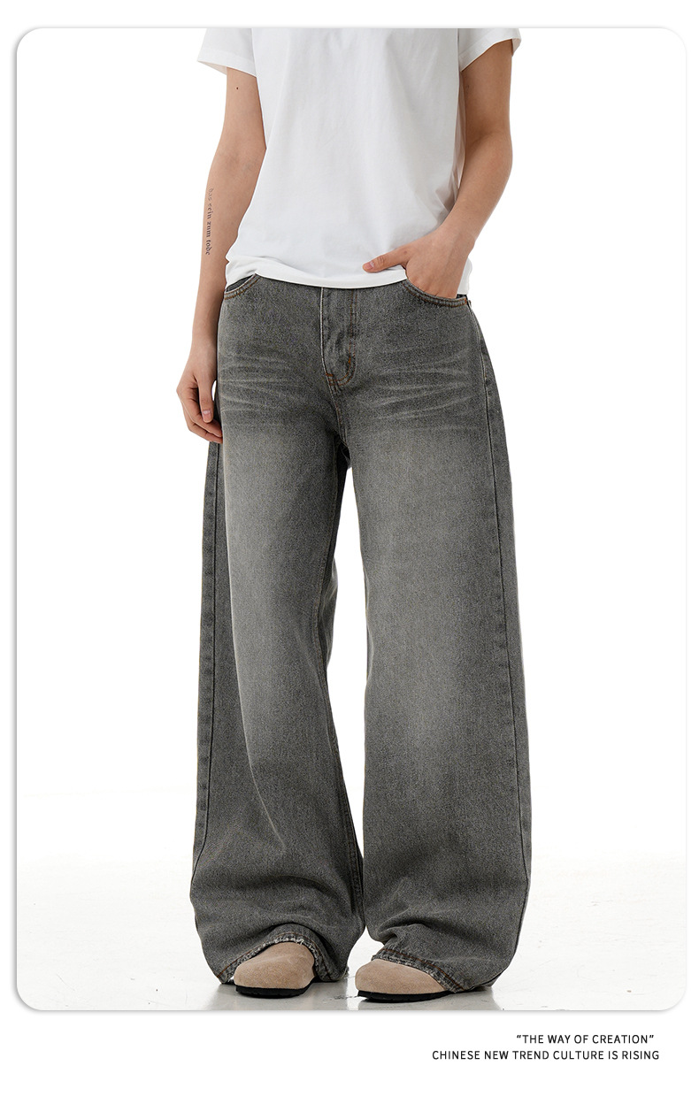 Grey Denim Pants for Men and Women Vintage Straight Leg Loose Casual Long Pants
