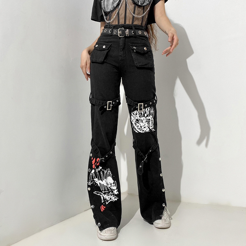Metal buckle contrasting print high waisted workwear jeans for women