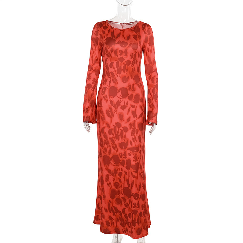 Maxi Skirt Full Sleeves Patterned Crew Collar Fitted