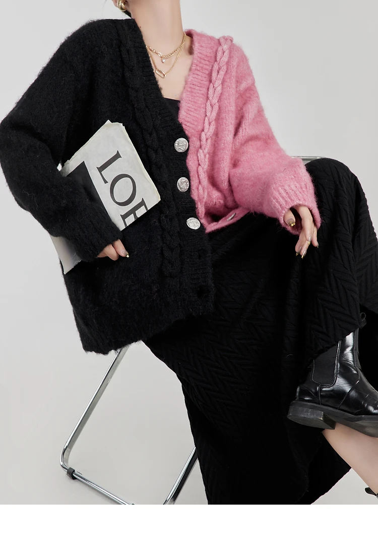 Ladies Colorblock Chunky Oversized Knitted Cardigan