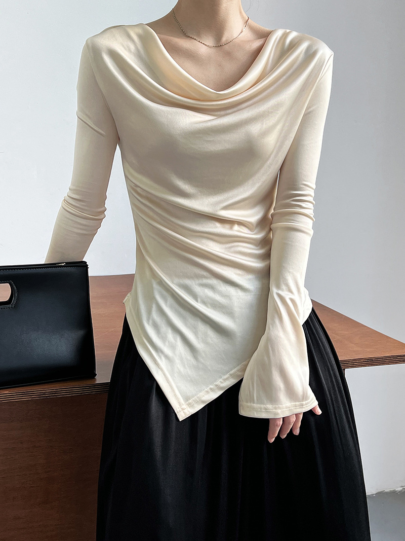 Women Slim Solid Cowl Neck Elongated Sleeve Tee