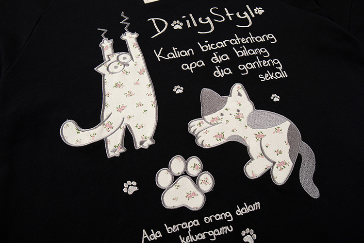 Retro Cute Cat Letter Embroidery Turn-Down Collar Short Sleeve T-Shirt Men's Loose Casual Couple Top
