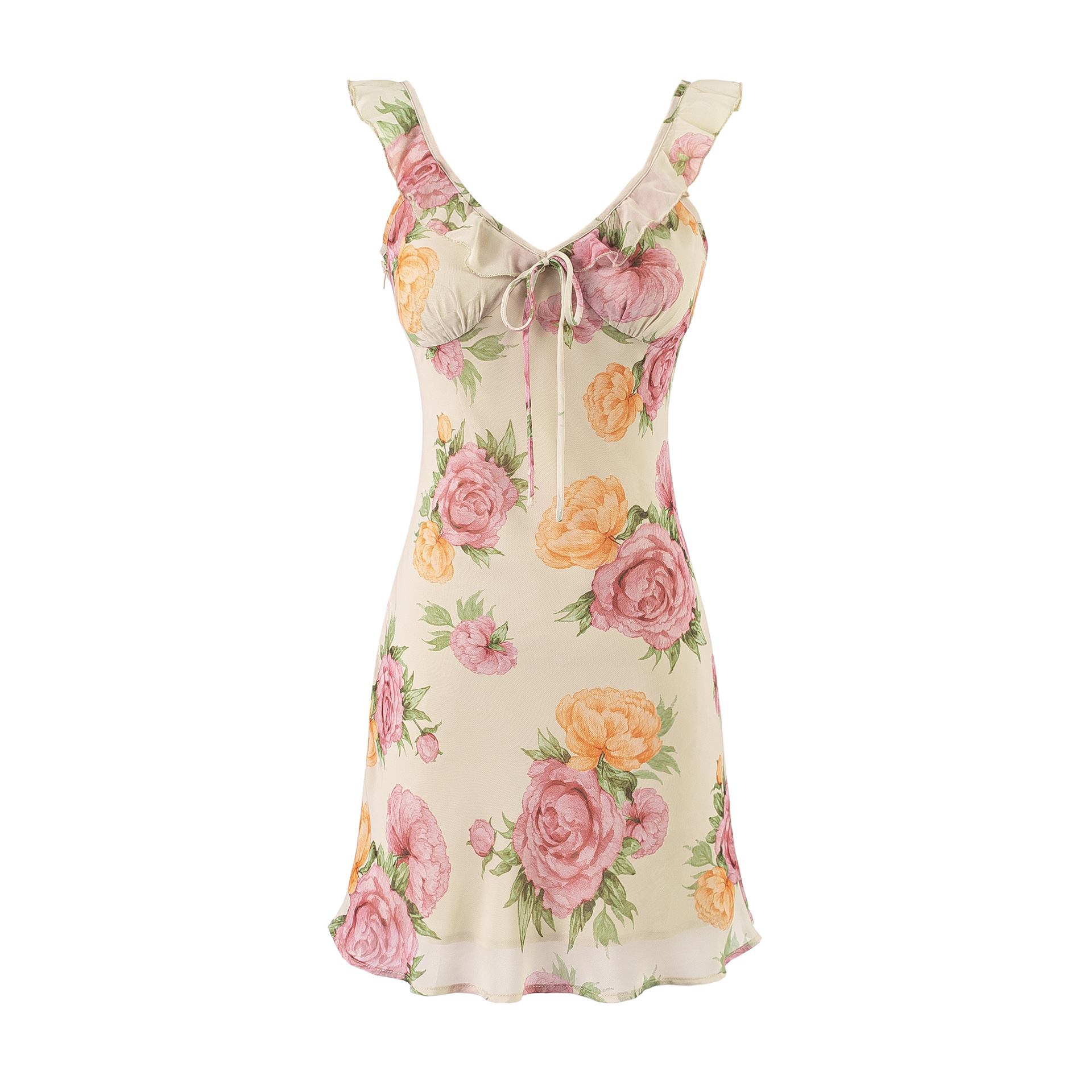 V-neck Tie Waist Slim Mesh Splicing Flounce Sleeve Dress