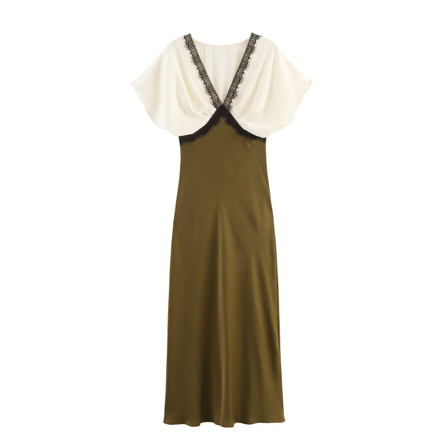 Women's Clothing Spicy Girl Color Block Lace Satin Feel Midi Dress