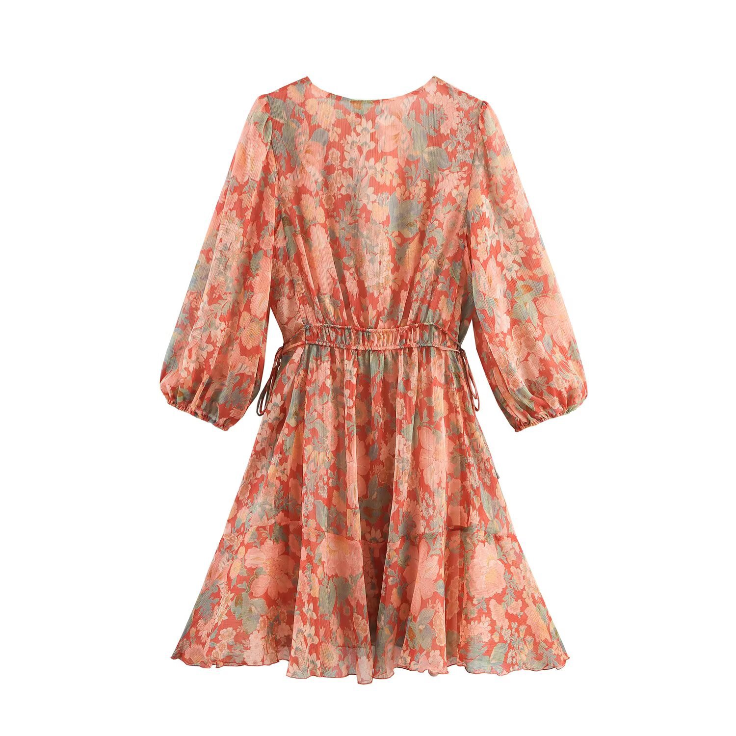 Women's Clothing Flower Print Button V-neck Lantern Sleeve Short Dress