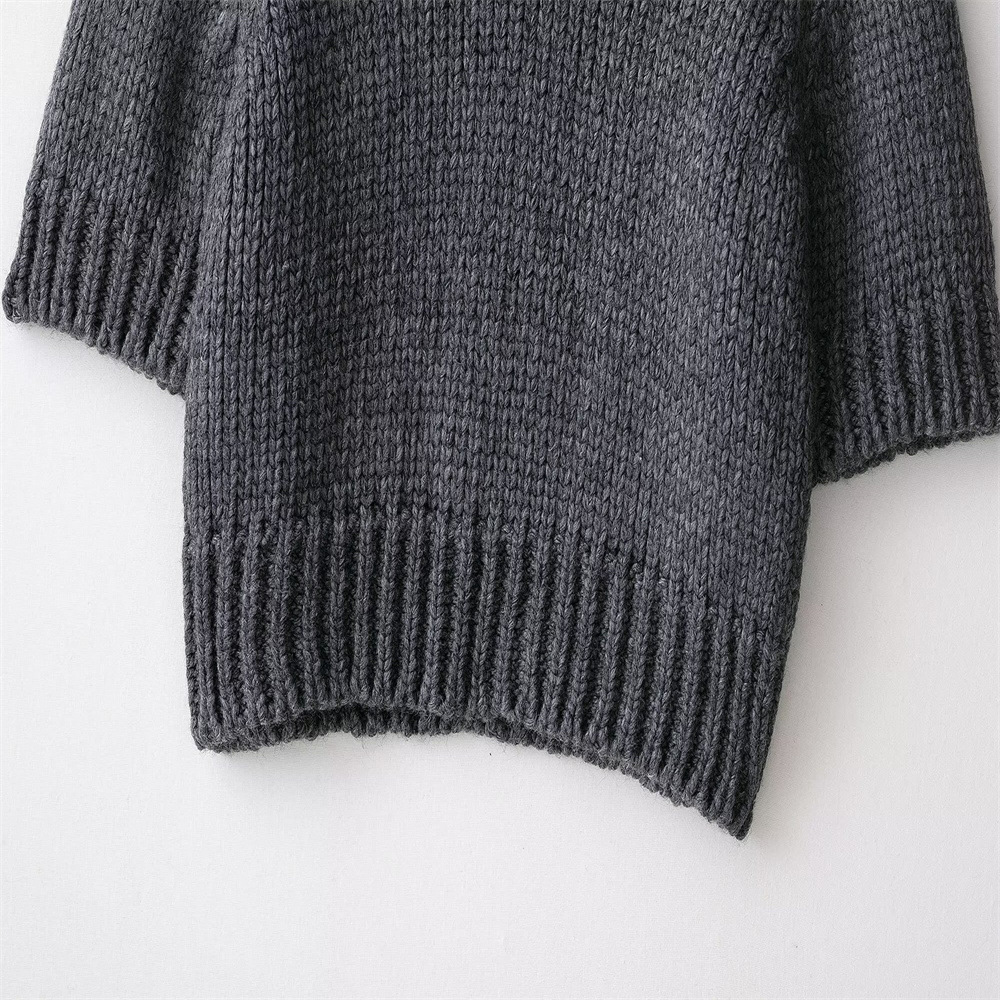 Crew Elbow-Length Solid Charcoal Polyester Sweater