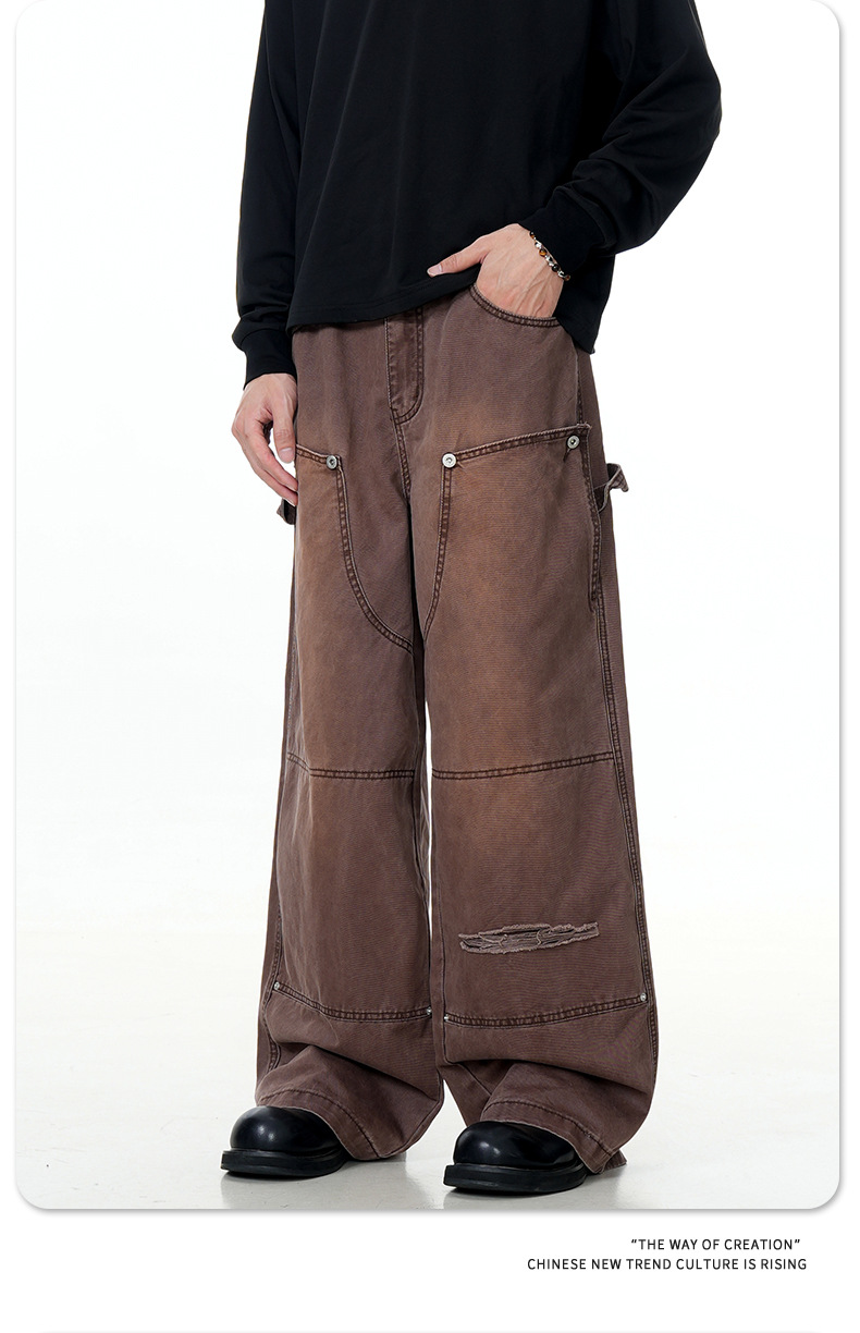 Carpenter Work Pants for Men and Women Vintage Washed Distressed Riveted Denim Loose Straight Leg Long Trousers