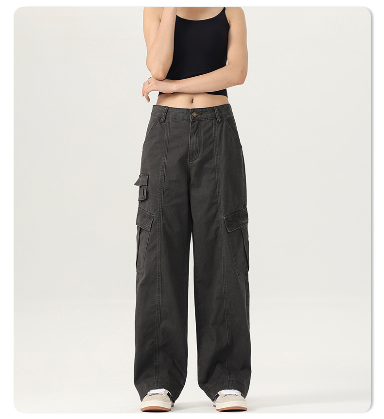 Women's Straight Cargo Pants Unisex Multi-Pocket Design Wide Leg Casual Trousers