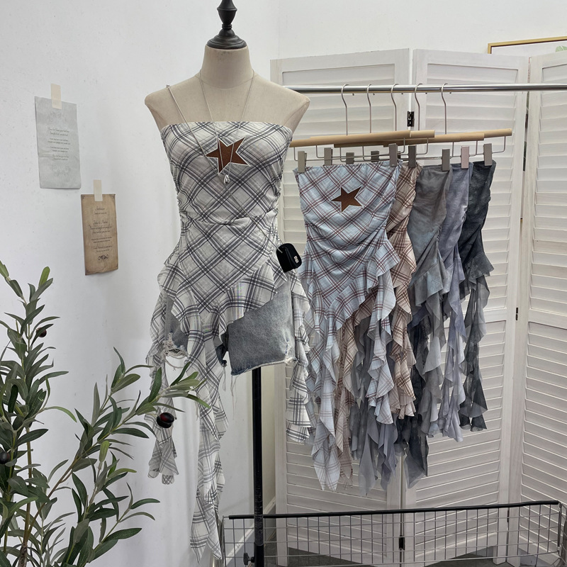 Sultry Asymmetric Plaid Mesh Strapless Top