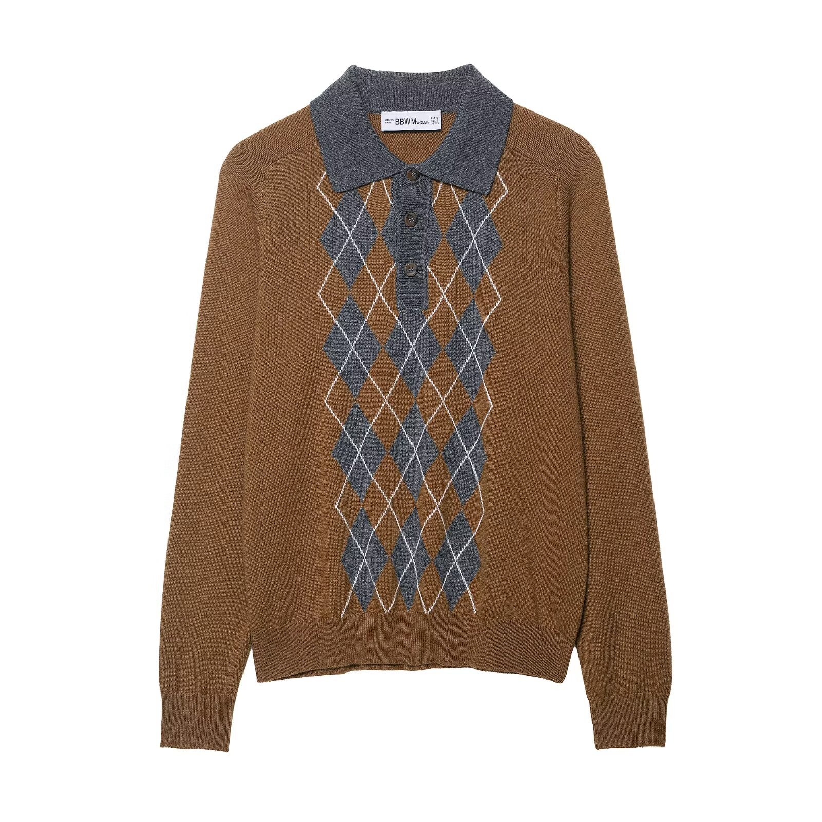 Ladies Argyle Full-Sleeve Turn-Down Triple-Closure Sweater