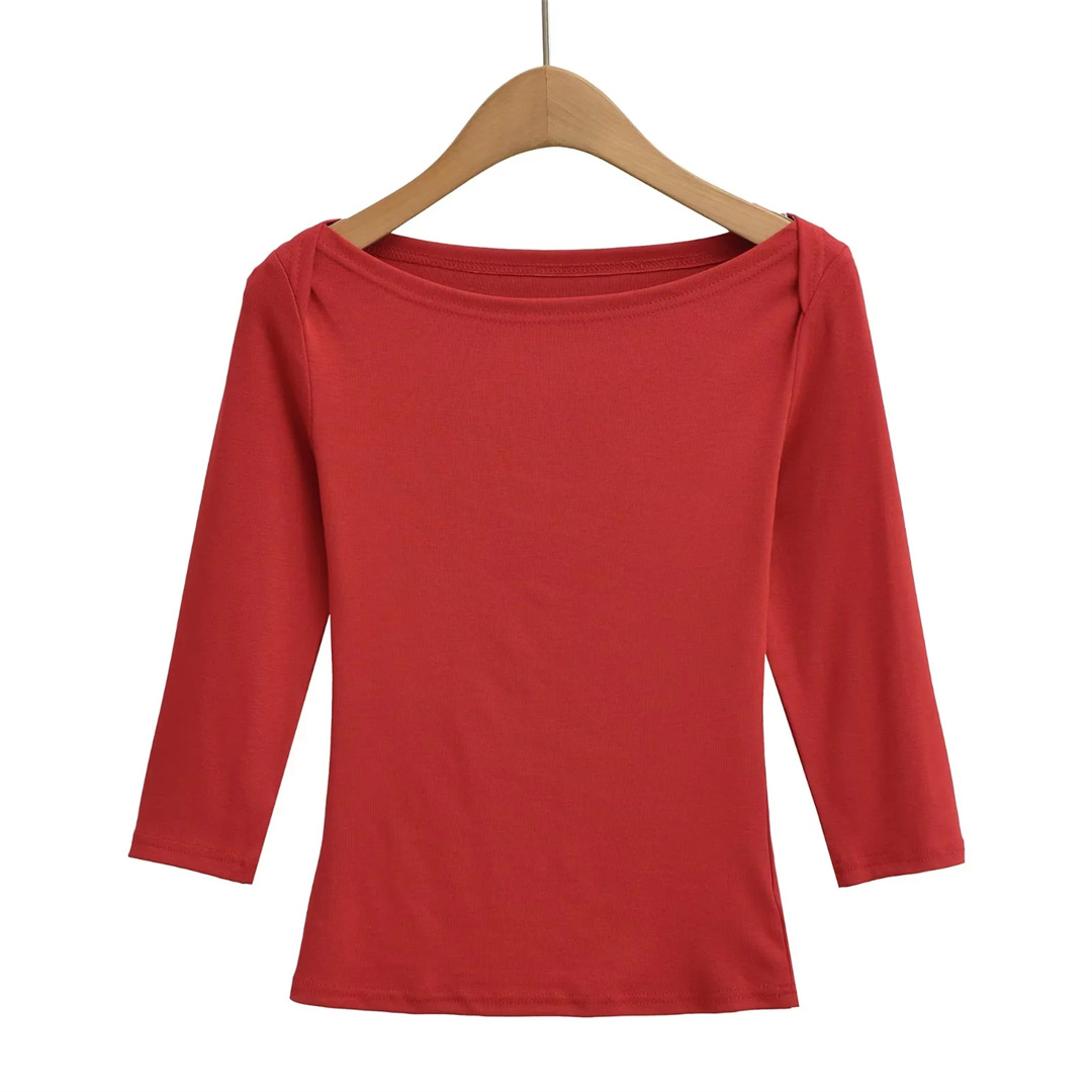 Slim Fit Plain Asymmetric Neck Elbow-Length Midriff Tee