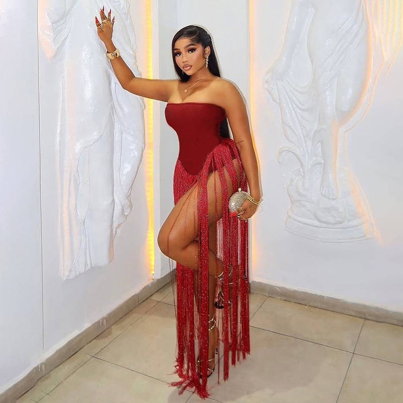 Raised-Waist Open Back Bandeau Fitted Tassel Jumpsuit