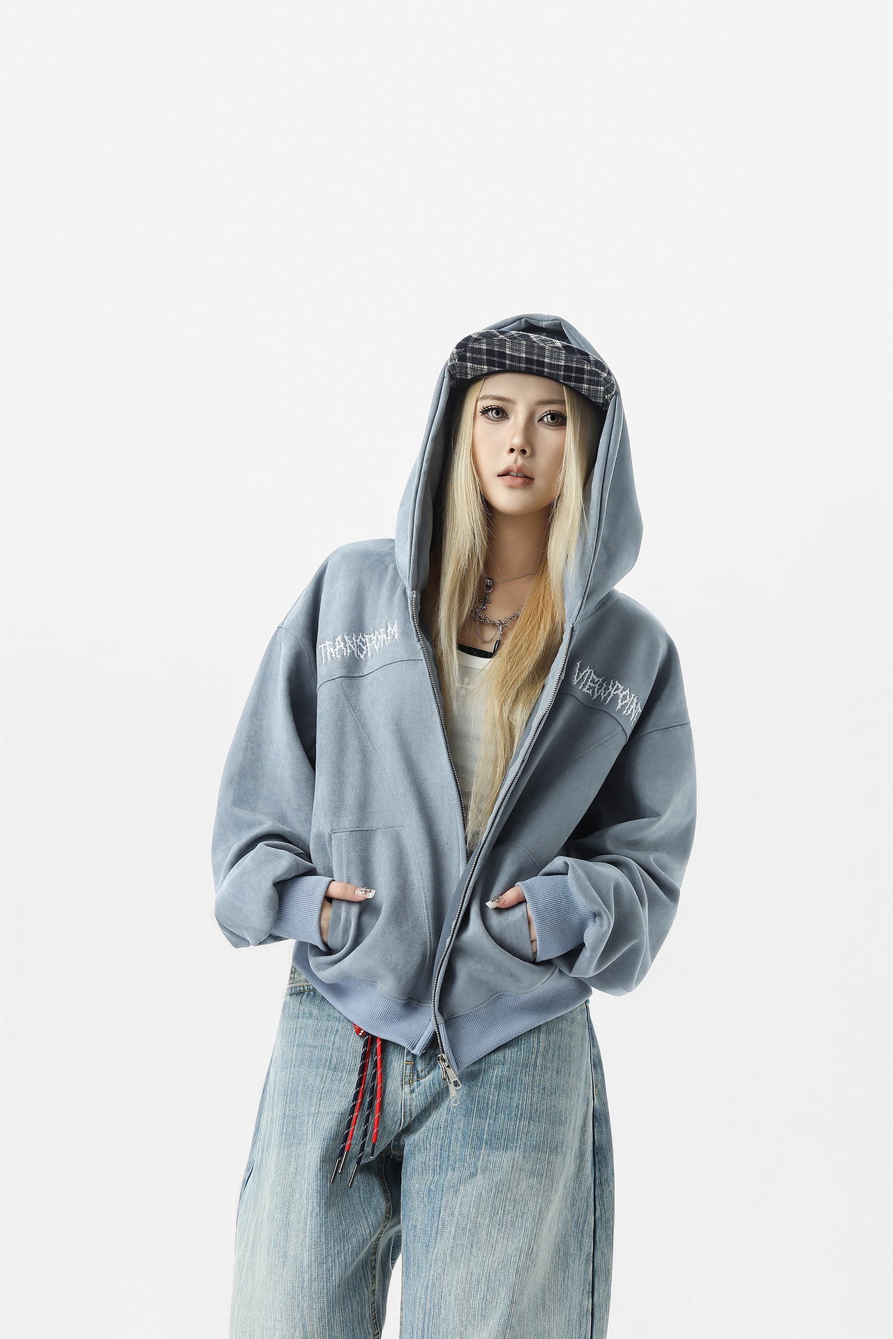 Retro Color-Block Letter Print Hooded Zip-Up Sweater