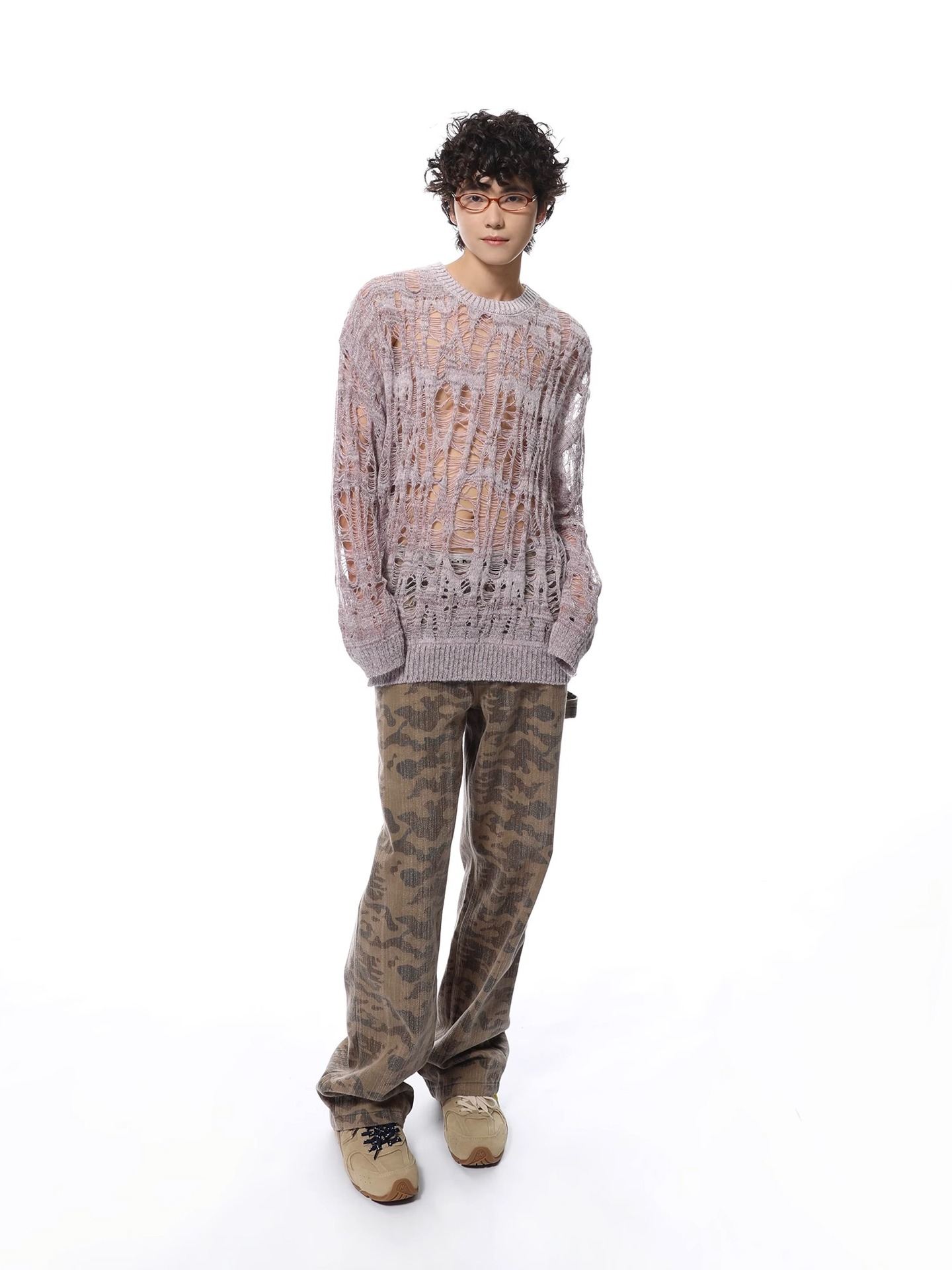 Polyester Open Mesh Crew Neck Sweater