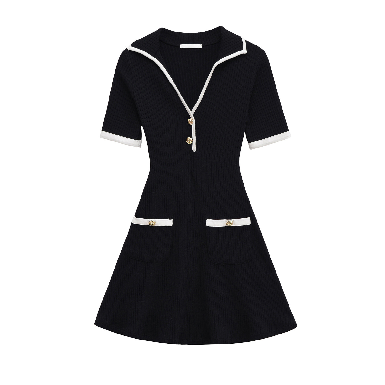 V-neck short sleeved contrasting border short knit dress