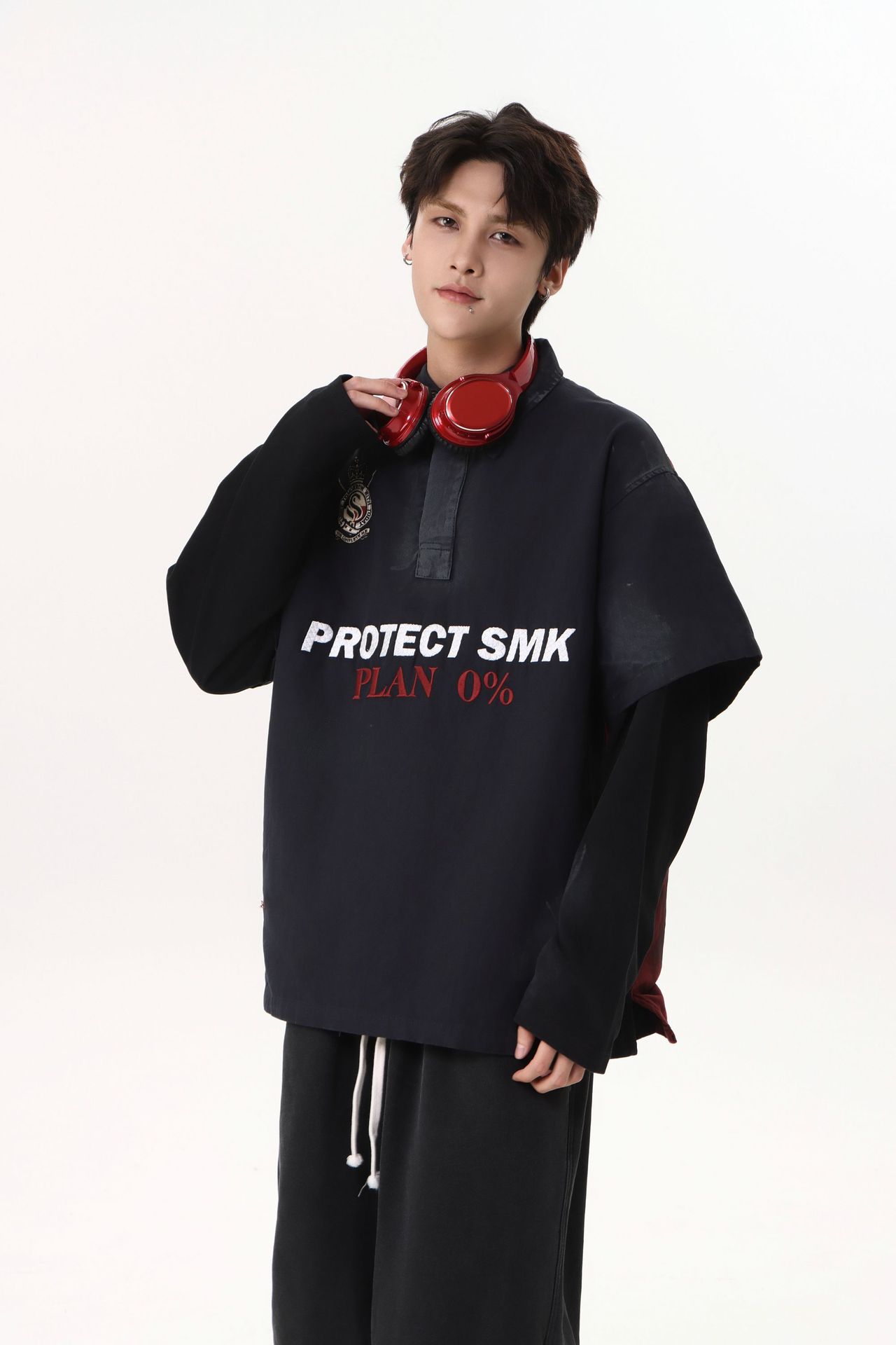 Heavyweight Cotton Long Sleeve Faux-Layered Button-Up Letter Hoodie