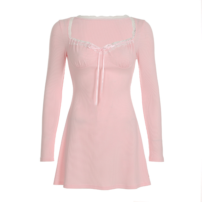 Lace Splicing Pleated Tie V-neck Dress Versatile Slimming Waist Short Skirt