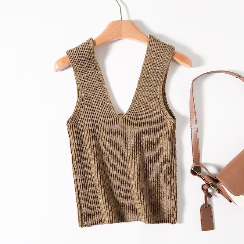 Ladies Plunging Sleeveless 3D Floral Knit Vest