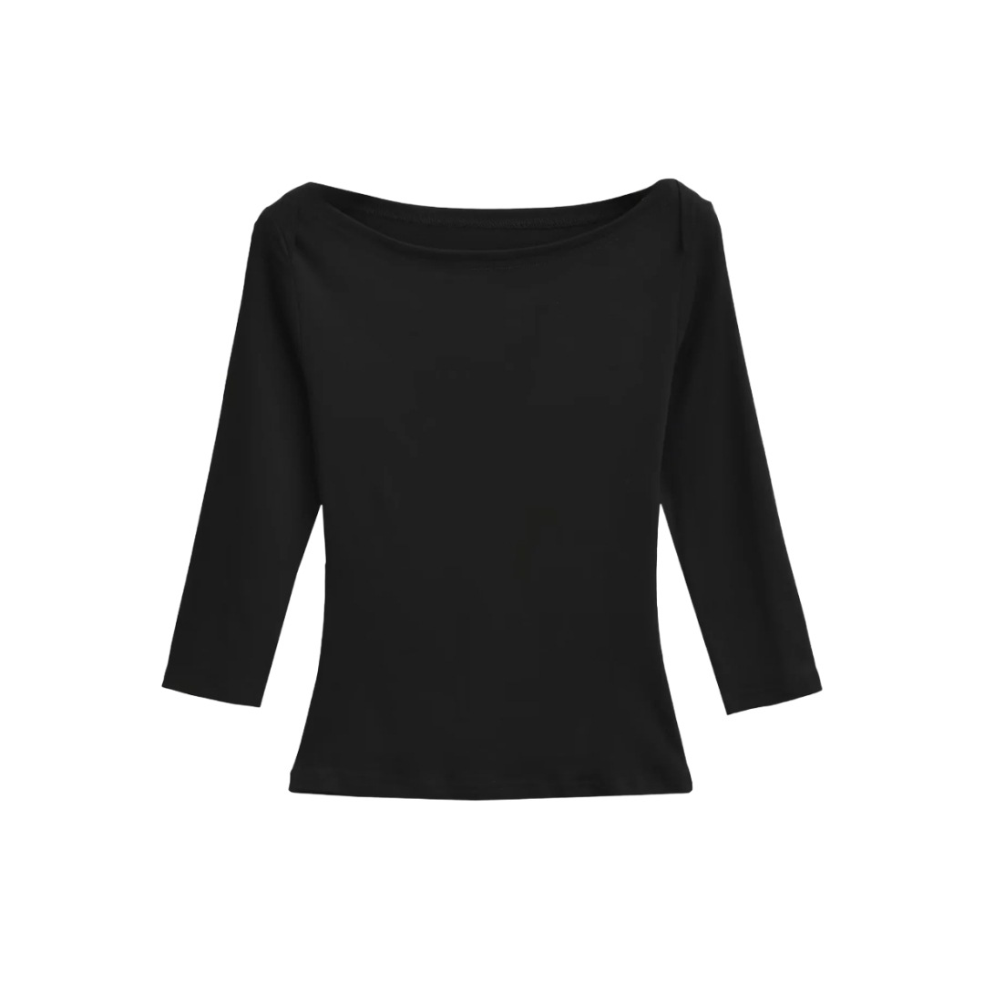 Slim Fit Plain Asymmetric Neck Elbow-Length Midriff Tee