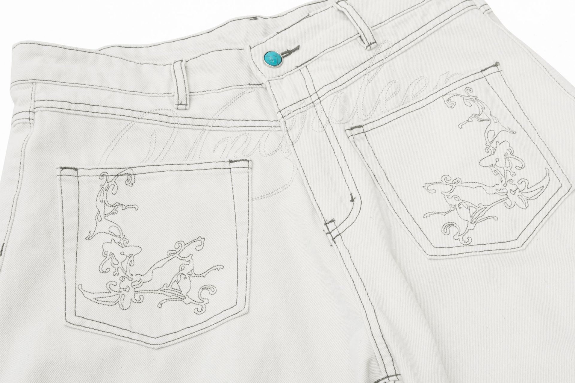 Street Style Retro White Denim Embroidered Deconstructed Design Men's Loose Knife Cut Jeans