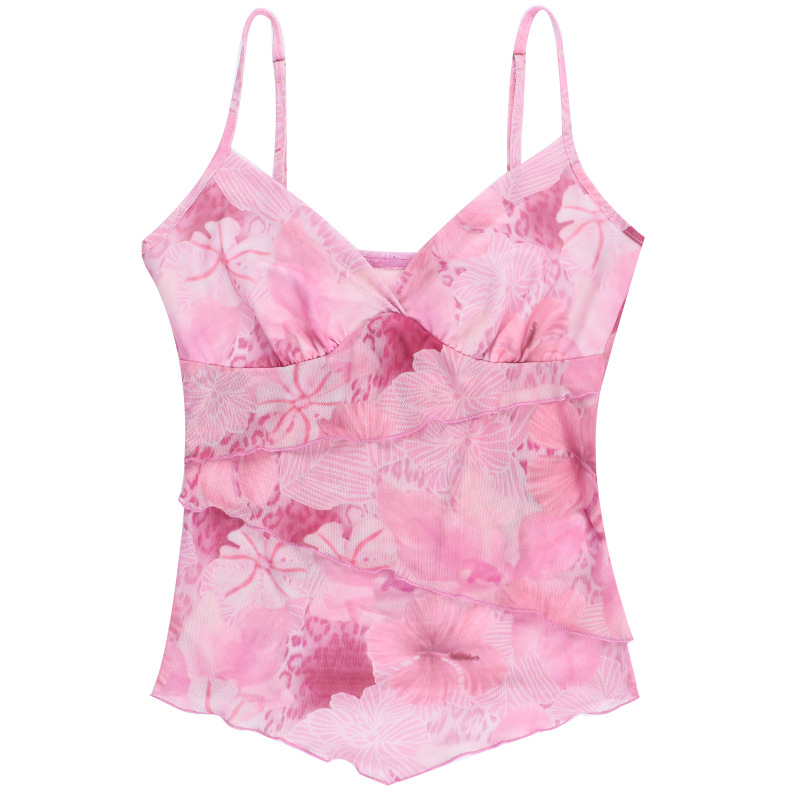 Patterned Chiffon Tank Scalloped Trim Belted Overlay