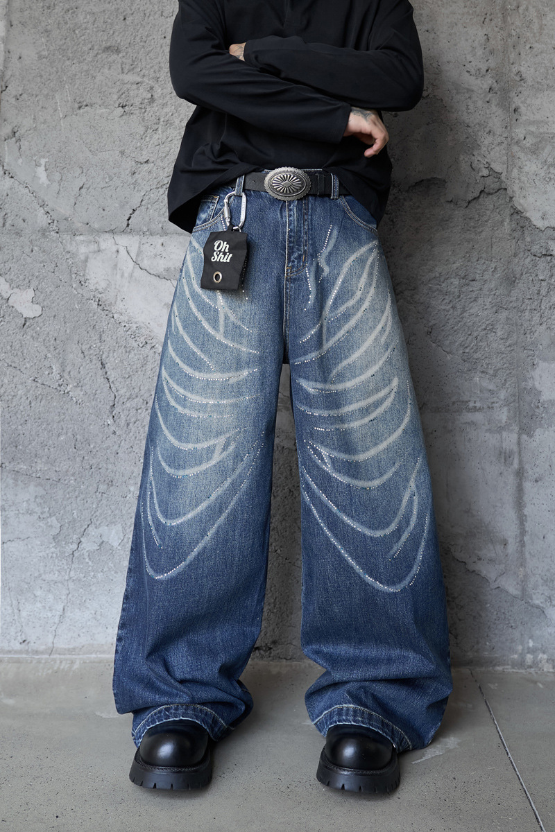 Style Butterfly Cat Whisker Laser-Printed Denim Pants with Unique Design, Wide Leg, Loose Fit, Straight Cut, Oversized Jeans