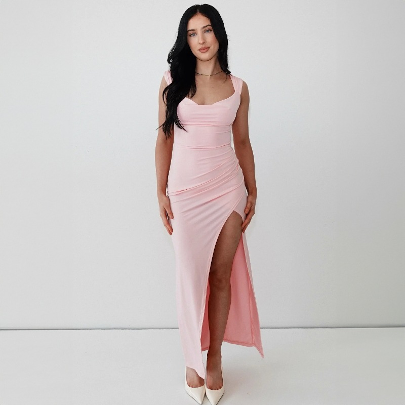 Sleeveless backless lace up slim slit dress