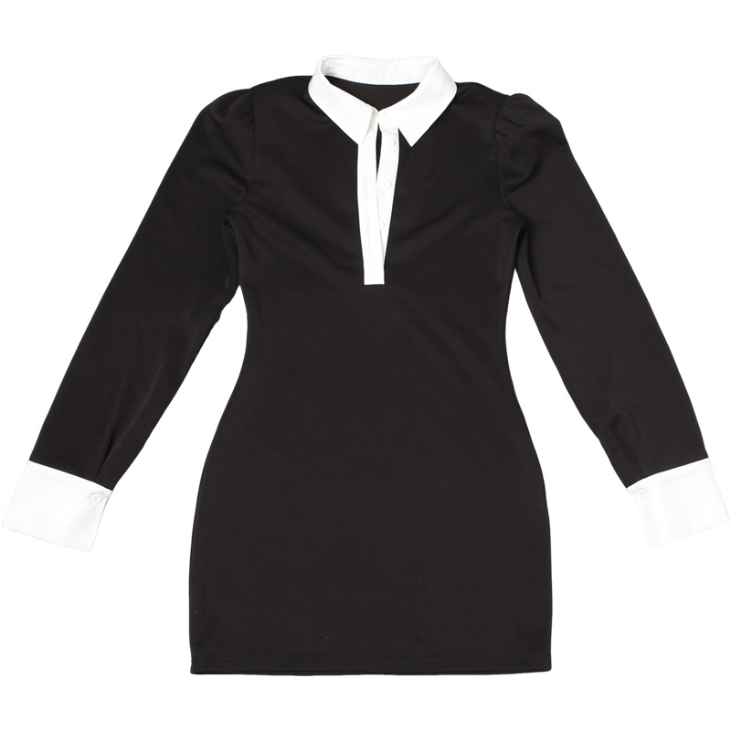 Two-Tone Bodycon V-Neck High-Waisted Long-Sleeve Polyester Dress