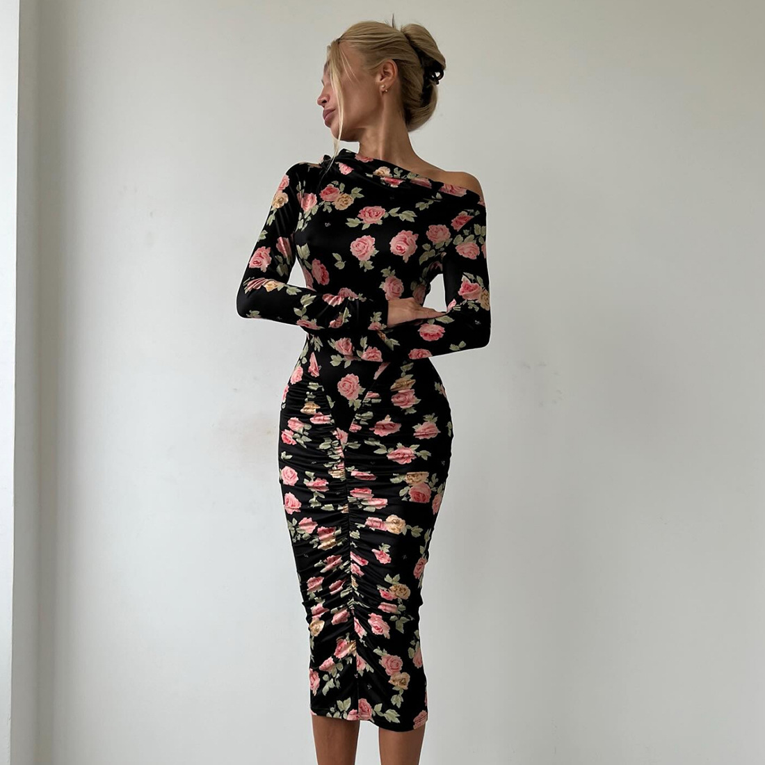 High Waist Asymmetric Full Sleeve Midi Pencil Dress
