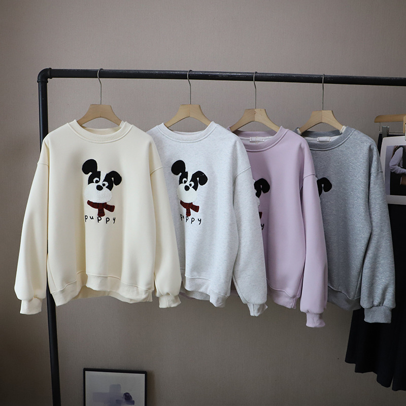Casual Cartoon Embroidered Fleece Lined Thick Hoodie for Women Round Neck