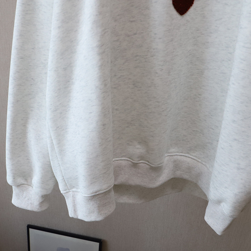 Causal Loose Fleece-Lined Hoodie with Letter and Heart Embroidery Round Neck Women's Sweatshirt