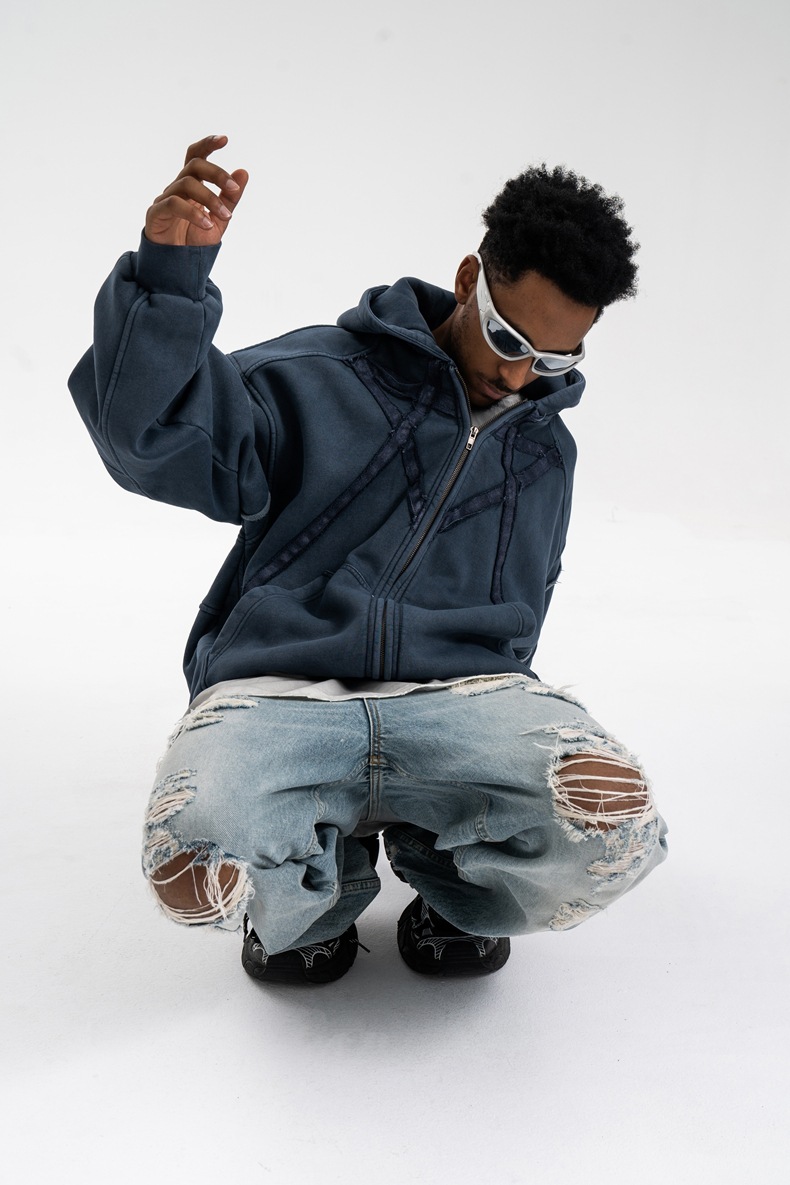 Utility Distressed Cotton Insulated Full-Zipper Embroidery Hoodie