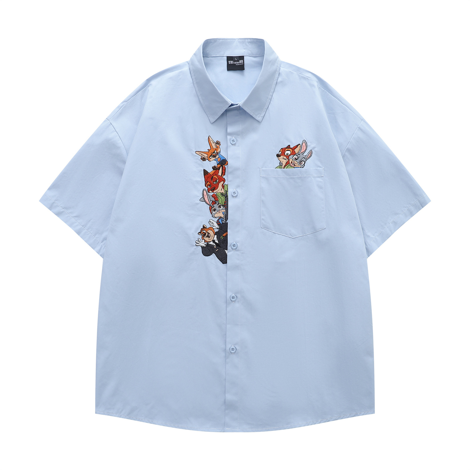 Retro Fun Cartoon Embroidery Short Sleeve Shirt Unisex Loose Casual Lazy Style Couple Shirt