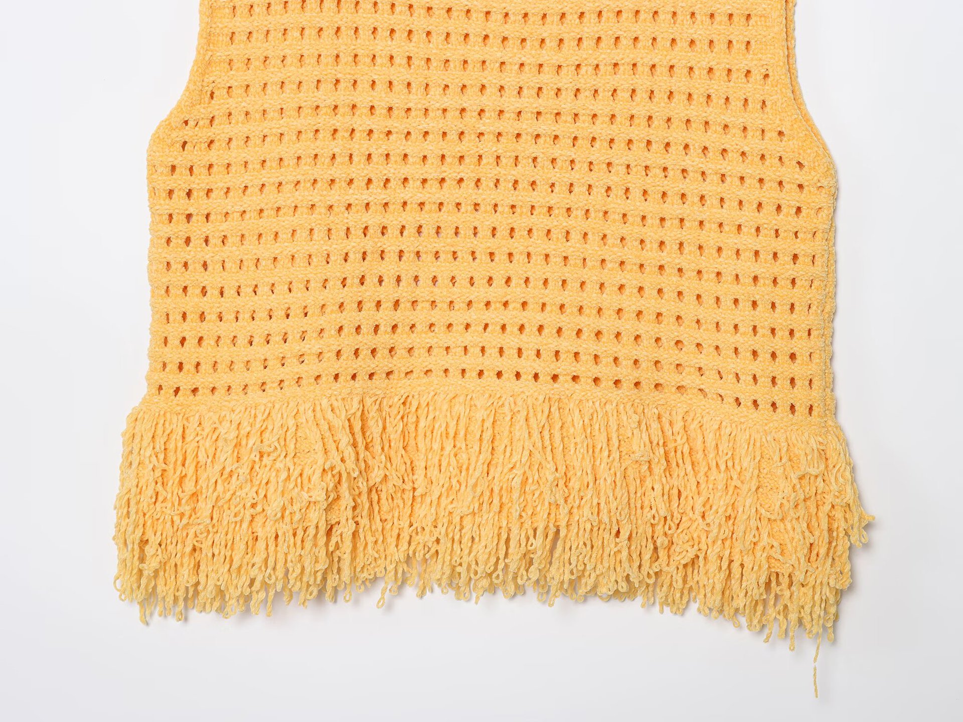 Round neck sleeveless tassel embellished hollow grid knit sweater for women