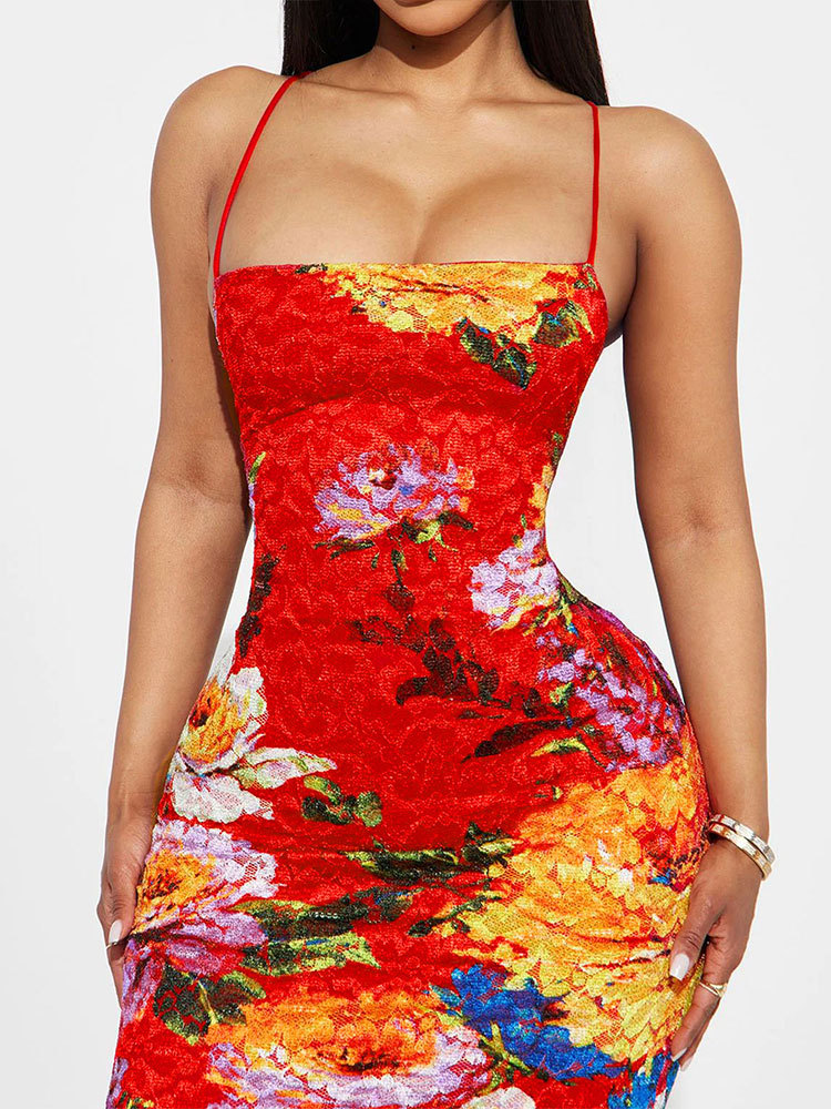Draped Strap-Free Open Back Flower Pattern Bodycon Dress