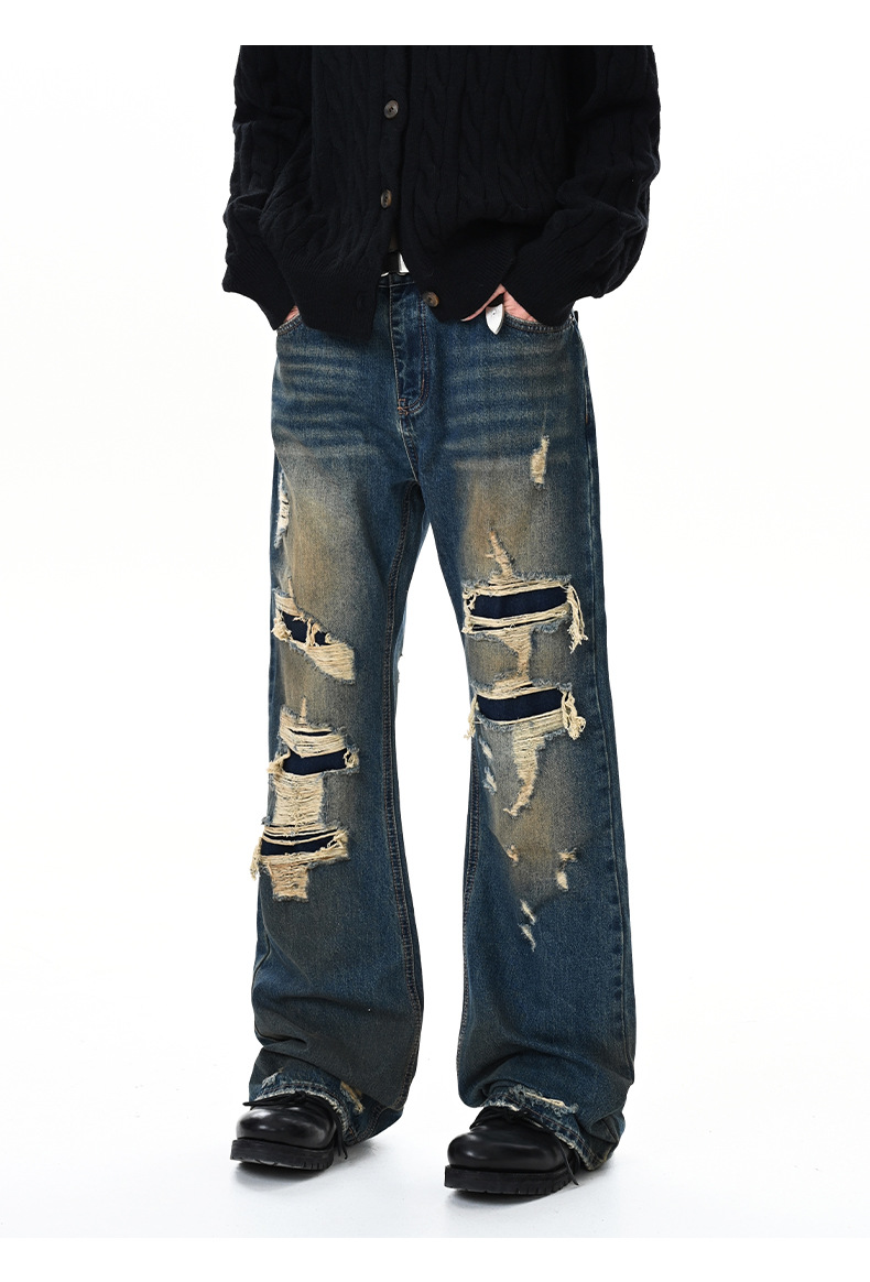 Washed Distressed Cat Whiskers Spray Monkey Dark Blue Denim Pants Unisex