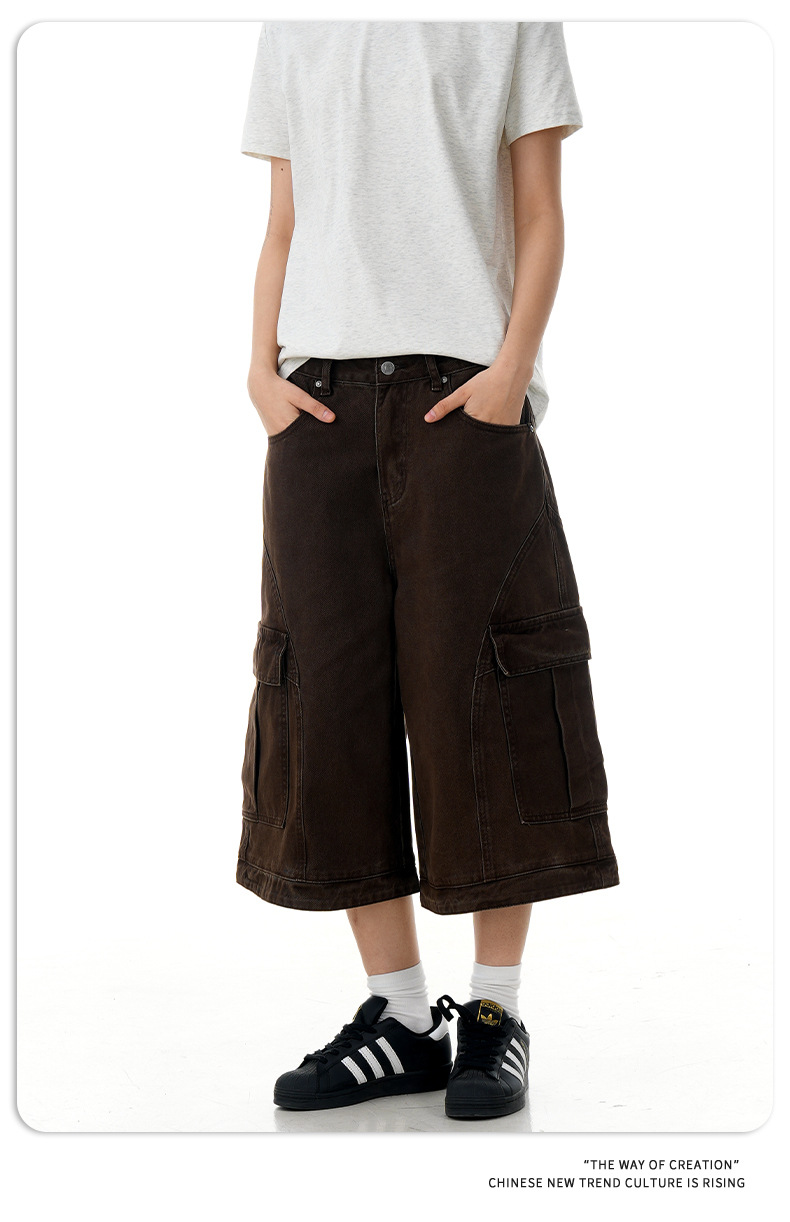 Retro Deconstructed Multi-Pocket Pants Straight Loose Unisex Wide-Leg Cargo Shorts