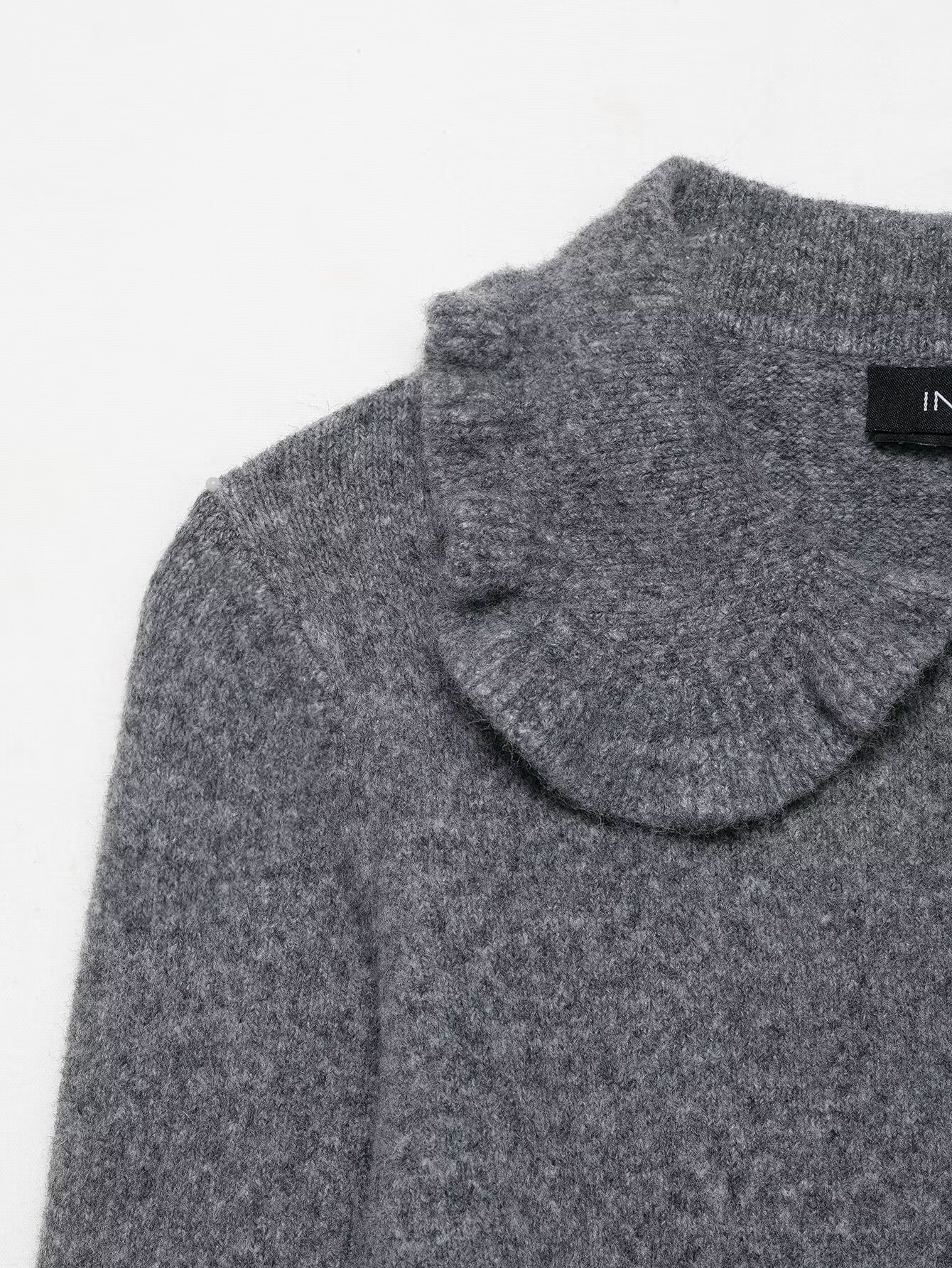 Ladies Charcoal Ruffle One-Button Flip Collar Sweater
