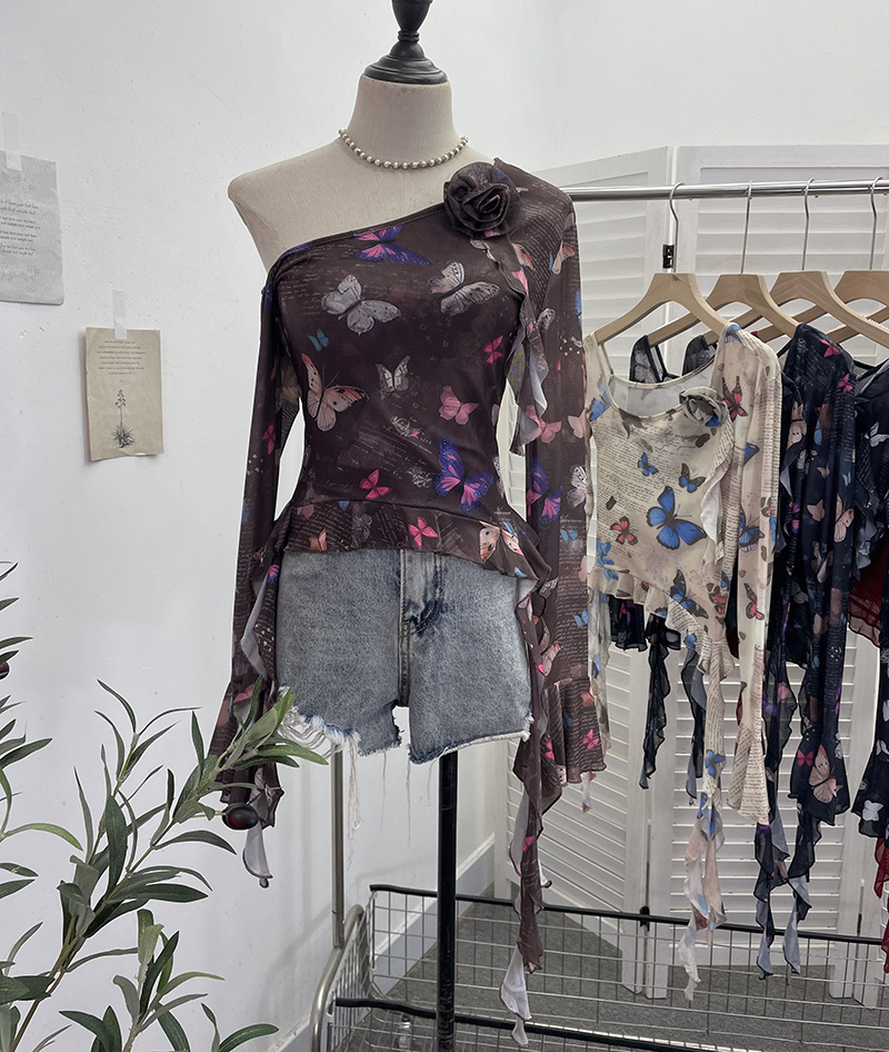 Asymmetric Pointed Floral Off-Shoulder Full Sleeve Top