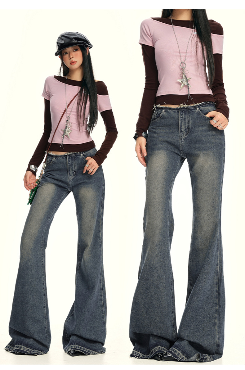 Women's Low Waist Flared Jeans Long Trumpet Pants Non-Skinny Trousers