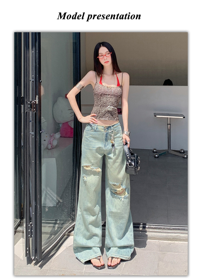 Women's Thin Straight Hole Jeans High Waist Slim Narrow Leg Wide Leg Pants