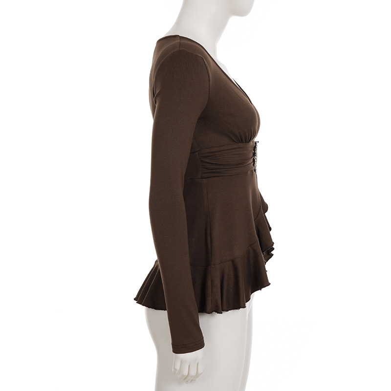 Solid Flounce Long Sleeve Short Tee Metallic Trim