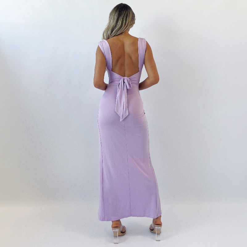 Sleeveless backless lace up slim slit dress