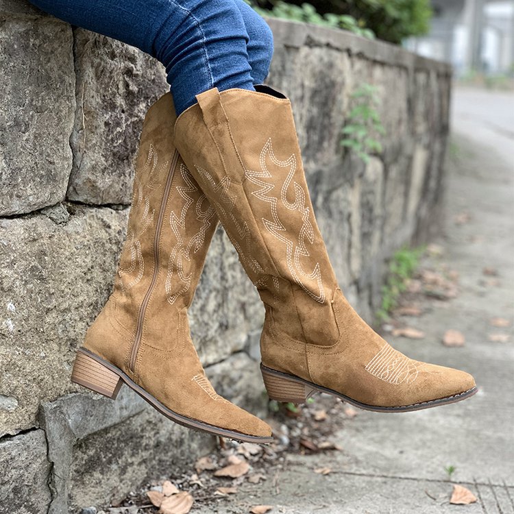 Brown thick heeled mid calf knight boots short boots Western cowboy