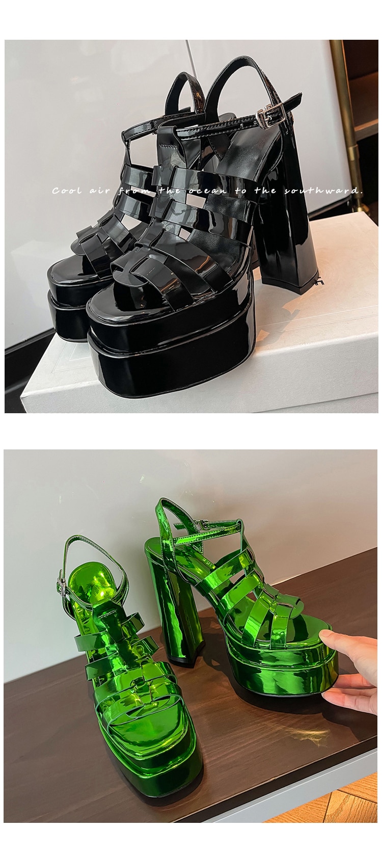 Summer New Style Square Head Open Toe Woven Raised Thick Heel Patent Leather Large Size Sandals For Women