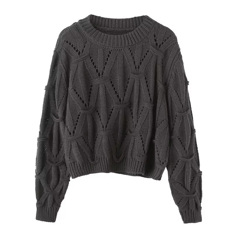 Ladies Relaxed Crew Neck Plain Openwork Sweater