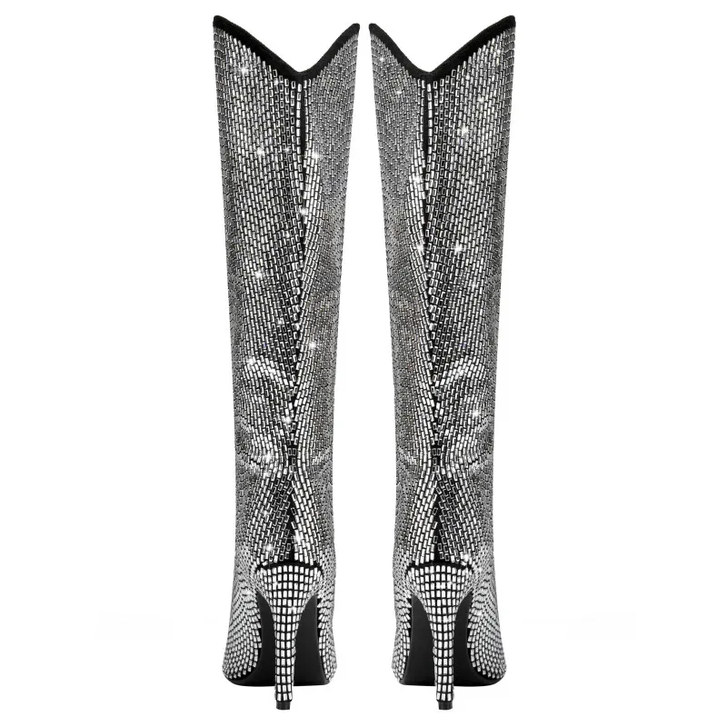 New Women's Pointed Toe Thin High Heel Rhinestone Long Boots Fashion Sexy Nightclub Party Knee Long Boots